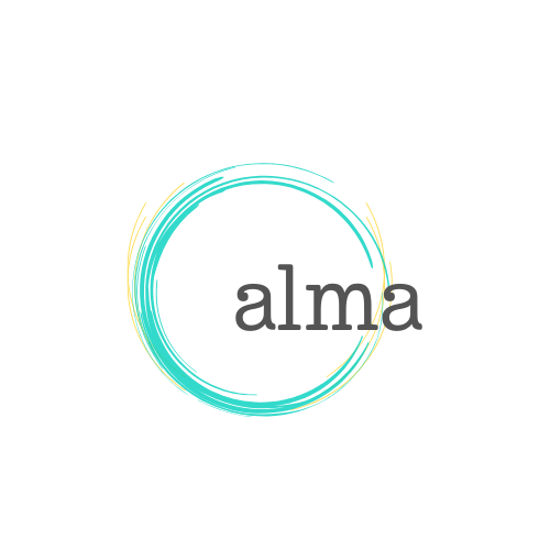 Alma Logo. Bluegreen circles, with small yellow circles behind. Says Alma