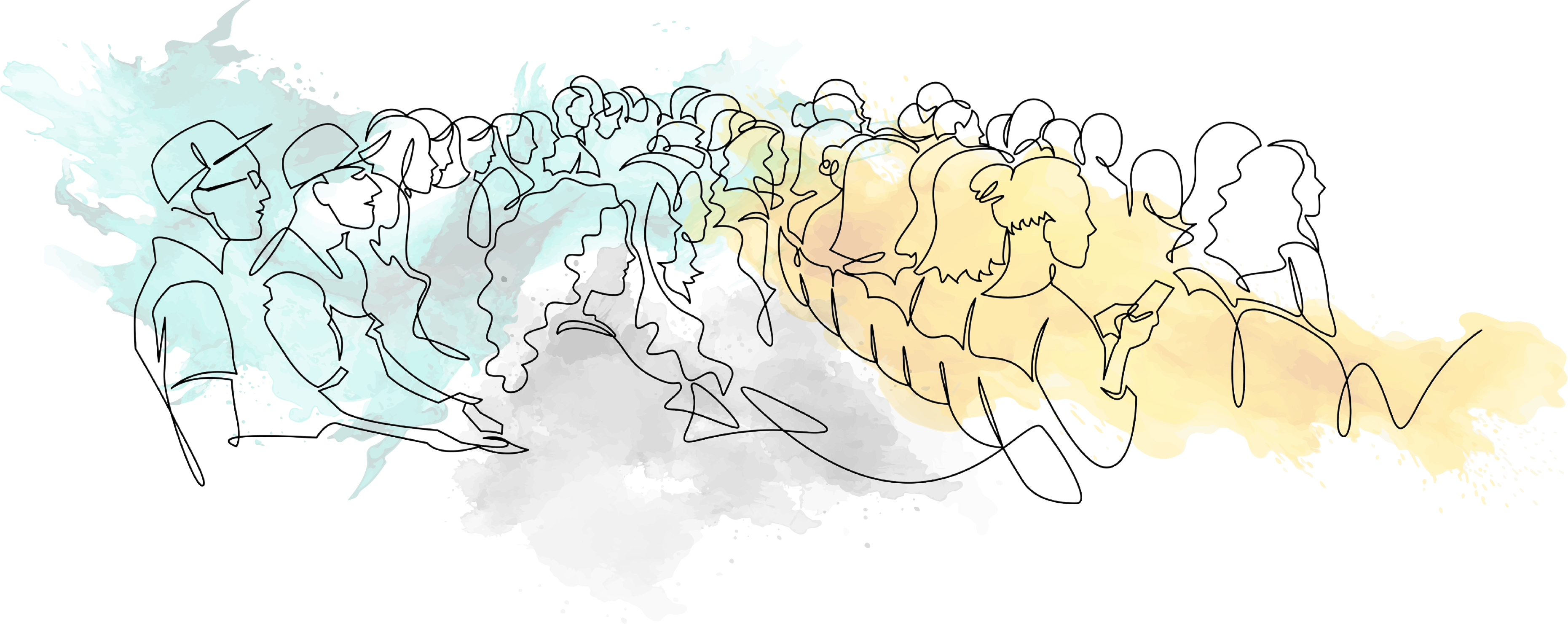 This graphic has a white background. It is a line illustration of people sitting in 4 rows, all facing away from the screen. Some are looking at their phones.
