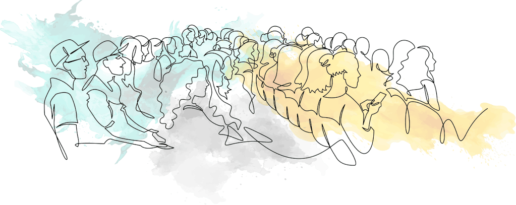 This graphic has a white background. It is a line illustration of people sitting in 4 rows, all facing away from the screen. Some are looking at their phones.