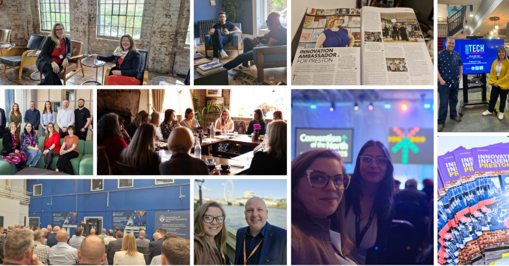A collage of images depicting events and other elements of Preston Innovates activities (including magazines)